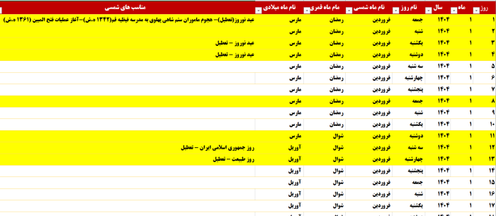 دانلود اکسل تقویم ۱۴۰۴